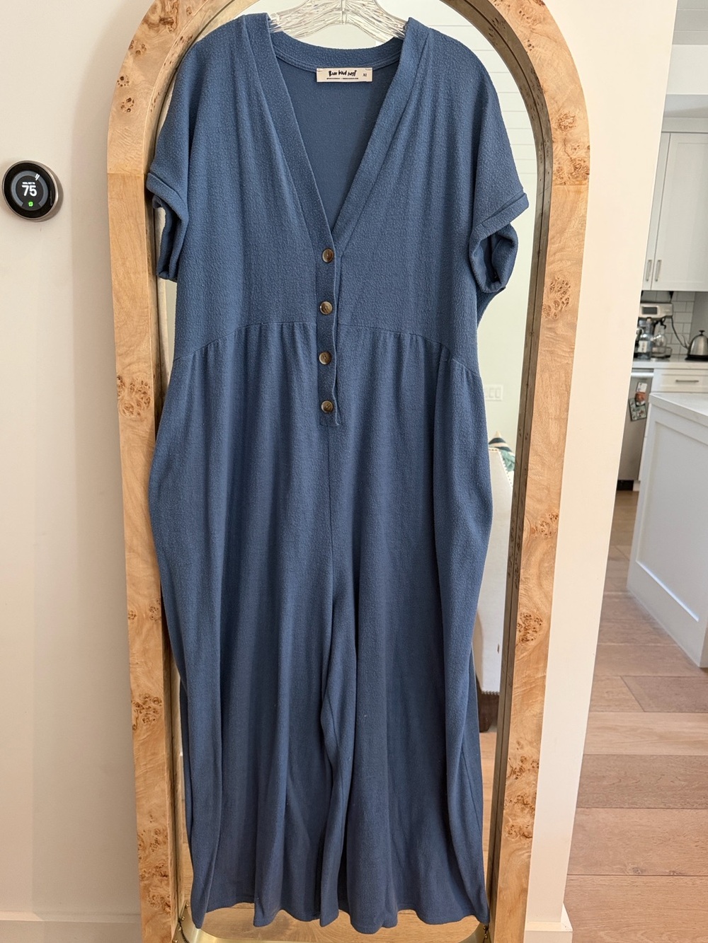 Three Bird Nest Dusty Blue Short-Sleeve Button V-Neck Jumpsuit OSFM xl